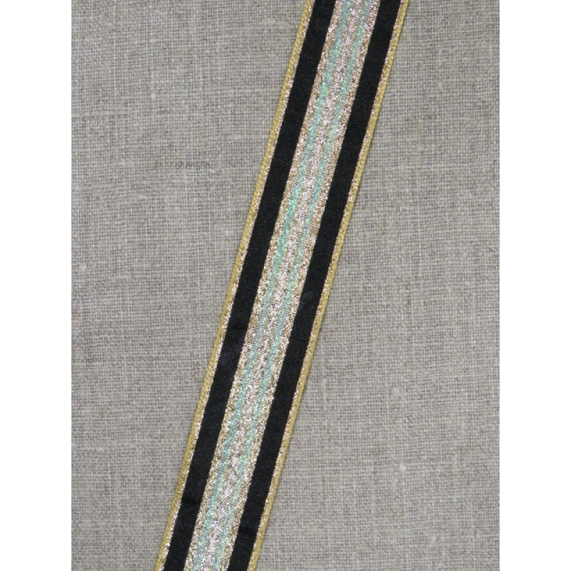 Stribet bånd med lurex, guld- grøn/sølv- sort 25 mm.