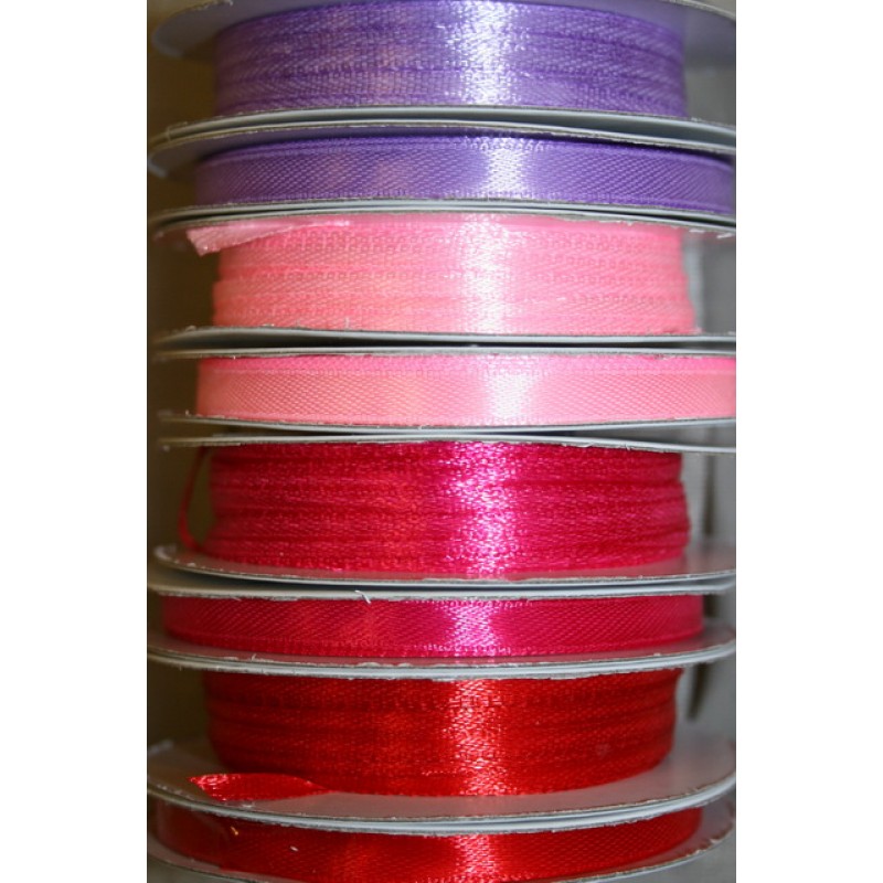 10 meter rulle satinbånd 6 mm. lyselilla - lyserød - pink - rød