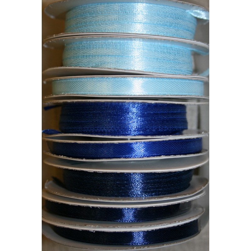 10 meter rulle satinbånd 6mm. babylyseblå - klar blå - mørkeblå
