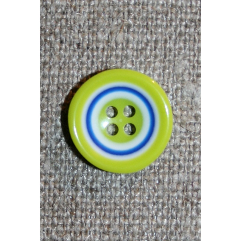 Flerfarvet knap m/cirkler, lime/blå/hvid 15 mm.