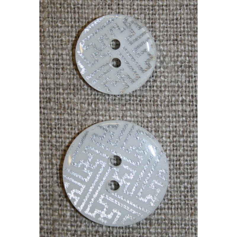 2-huls knap m/grafisk mønster, hvid/sølv, 20 mm.