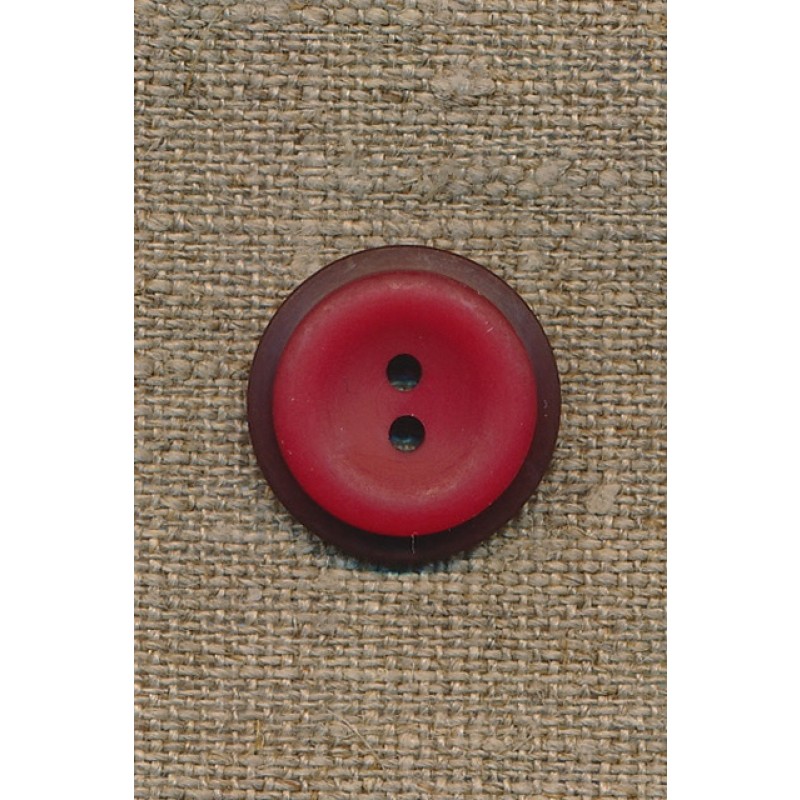 Rød 2-huls knap m/mørk rød kant, 20 mm.