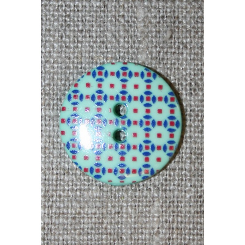 2-huls knap m/retro mønster mint/rød/blå 20 mm.