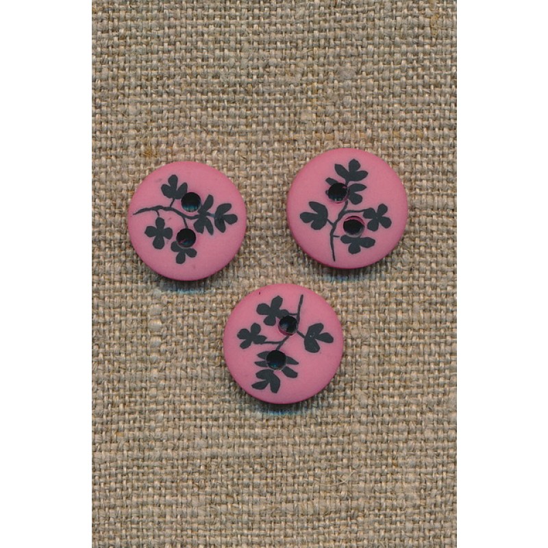 Pink/støvet rosa 2-huls knap m/sorte grene, 15 mm.
