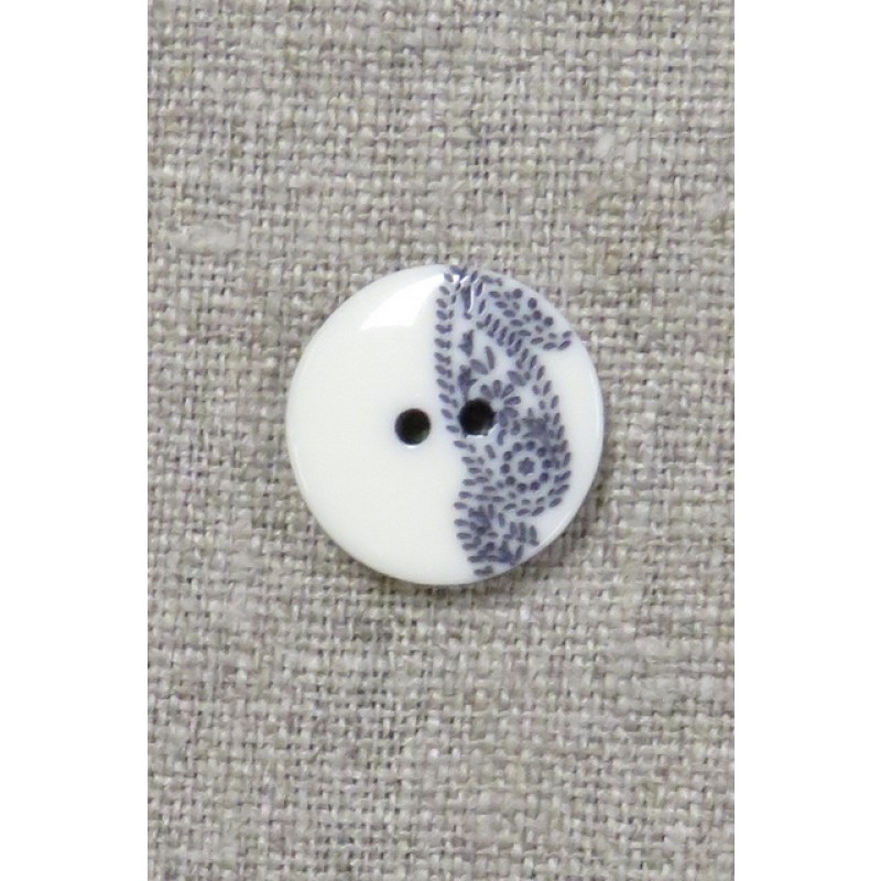 2-huls knap med sjals-/ Paisley mønster i off-white og blå 15 mm.