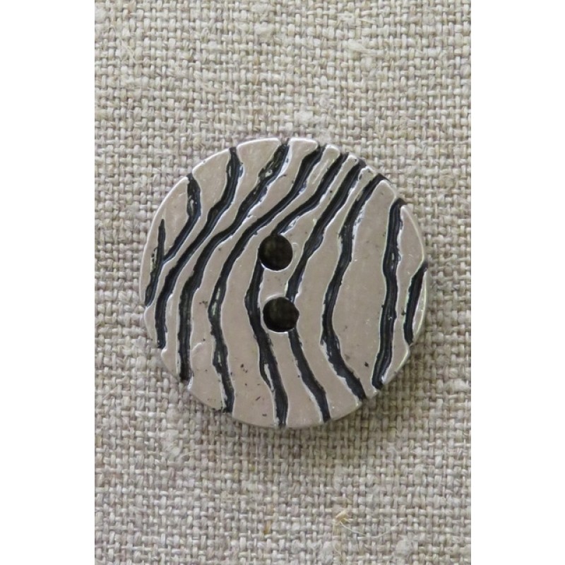 2-huls knap i sølv-look med zebra-striber 30 mm.
