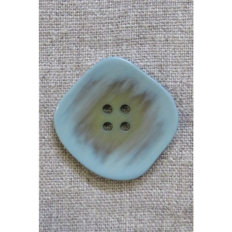 Skæv firkantet knap i vandgrøn og beige, 34 mm.