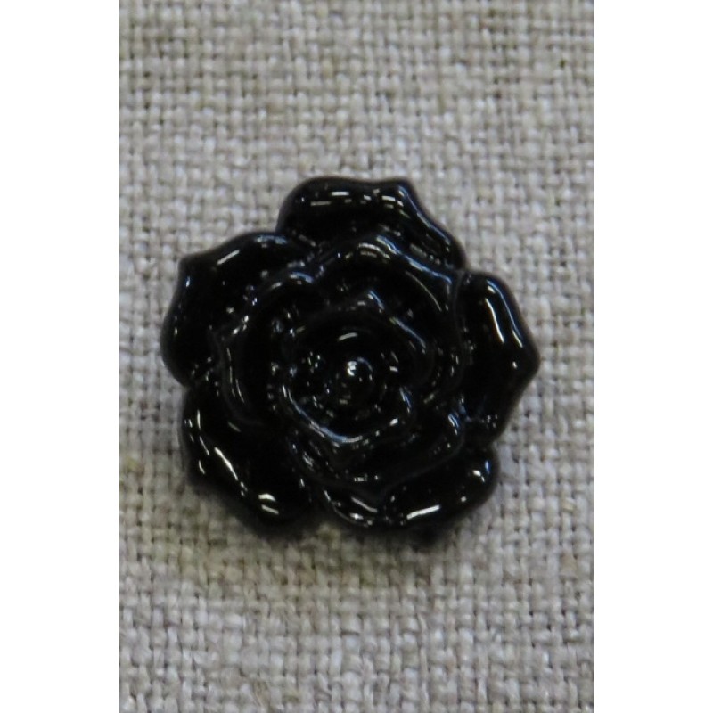 Knap med rose i sort, 18 mm.