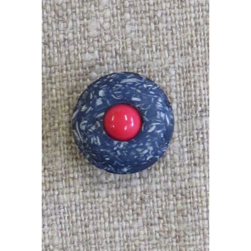 Rund knap i mørkeblå og blå meleret med rød midte, 18 mm.