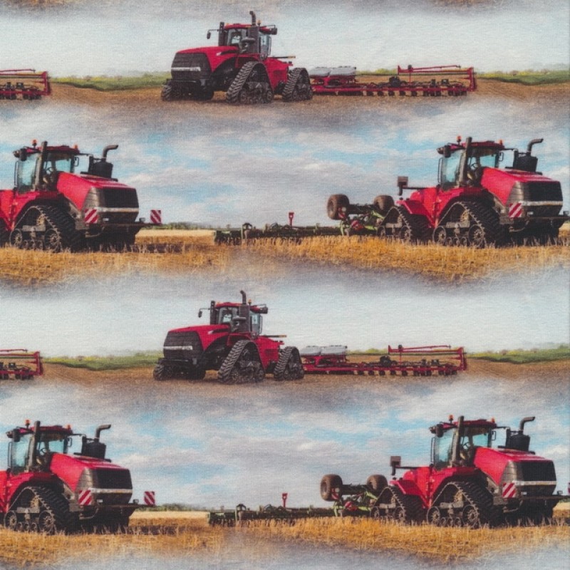 Afklip Bomuld/lycra økotex m/digitalt tryk, med traktor i lyseblå og rød 39x60 cm.