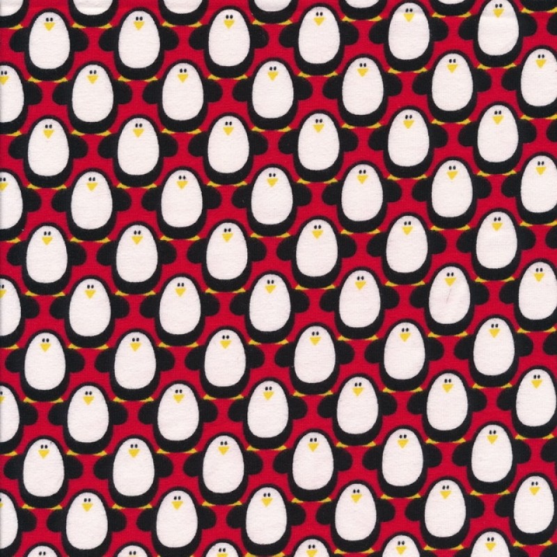 Bomuldsjersey GOTS i rød med pingviner