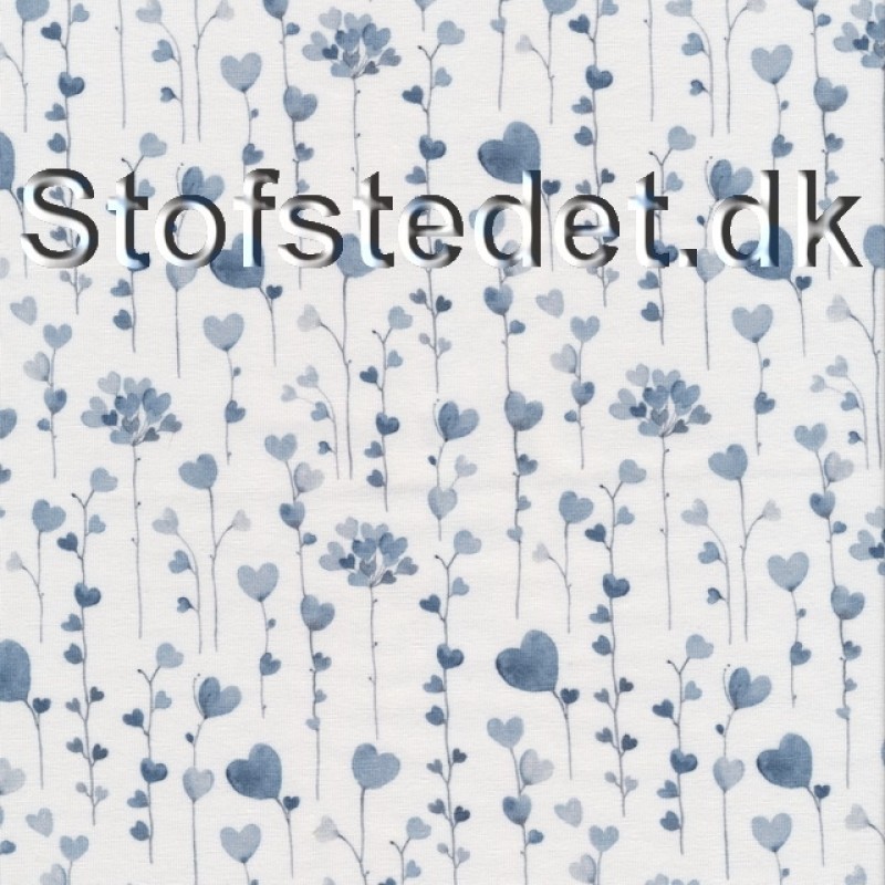 Bomuldsjersey økotex m/digitalt tryk i hvid med denimblå hjerteblade