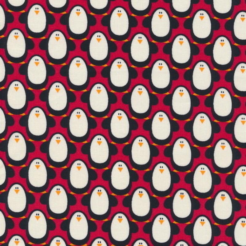 Patchwork stof med pingviner i rød, sort og hvid