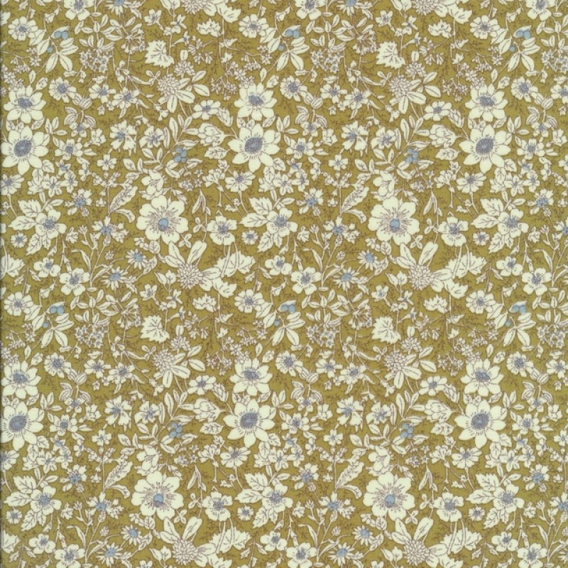 Bomulds-poplin med blomster okker-grøn hvid denim