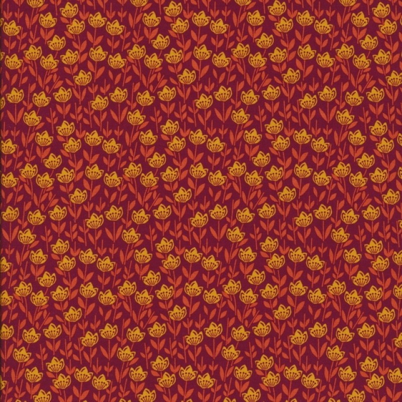 Patchwork stof med blomster mørk rød - orange - gul