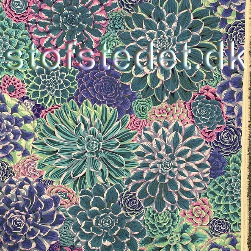 Afklip Patchwork stof med store blomster i petrol, lysegrøn, syren - Fassett 50x55 cm. Køb her | kun 42,- | Stofstedet.dk