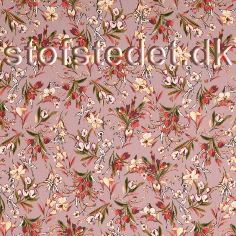 Viscose med stræk med blomster print i lys støvet lyng