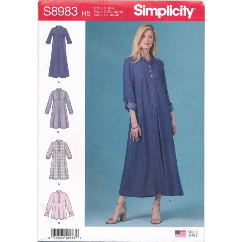 Simplicity 8983 Skjorte Kjole og bluse med stå-krave til fast stof