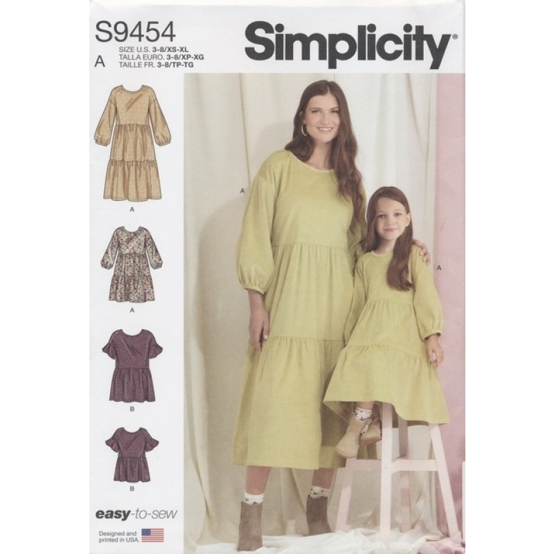 Simplicity 9454 Kjole med flæser til dame + barn