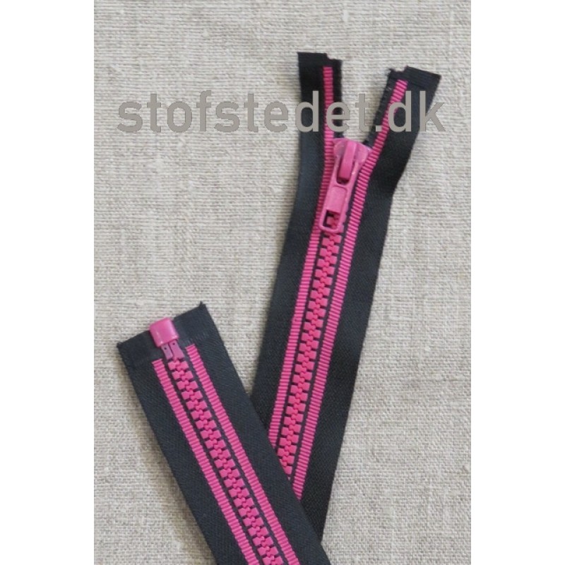 40 cm. delbar lynlås plast sort/pink