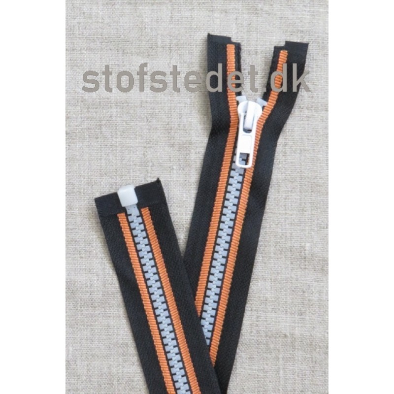 40 cm. delbar lynlås plast sort/orange/hvid