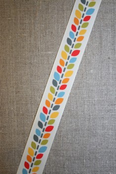Grossgrain-bånd med blade, off-white og rød, 25 mm.