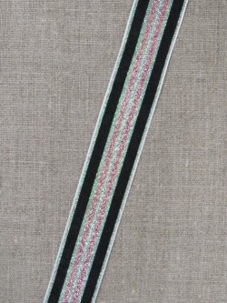 Rest Stribet bånd med lurex, grøn/sølv- sort- rosa/kobber 25 mm.-250 cm. 