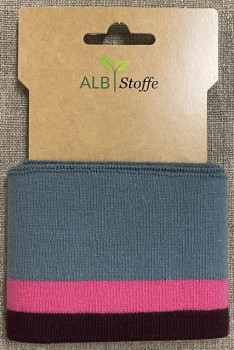 Ribkant med striber i støvet grå-blå, pink og bordeaux - 70 mm x 110 cm.