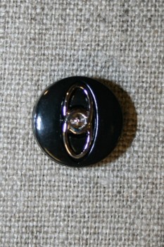 Sort knap m/sølv-ringe, 15 mm.