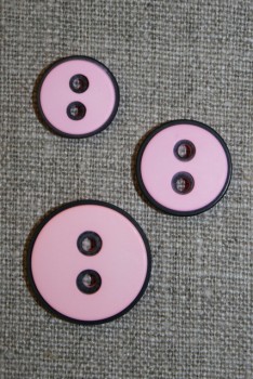 2-huls knap m/sort kant, lyserød, 15 mm.