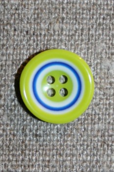 Flerfarvet knap m/cirkler, lime/blå/hvid 15 mm.