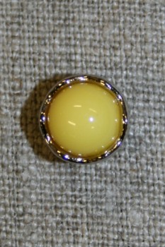Rund gul knap m/sølv-kant, 11 mm.