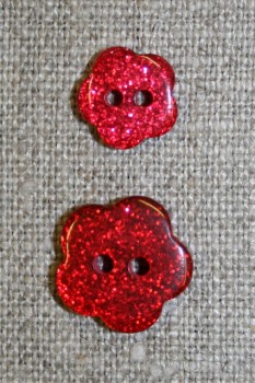 Knap m/glimmer, blomst i rød, 11 mm.