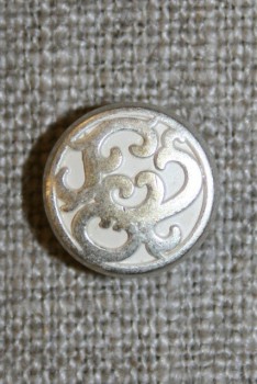 Metal-knap m/mønster sølv/hvid, 13 mm.