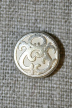 Lille metalknap m/mønster hvid/sølv, 12 mm.