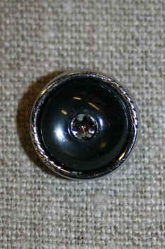Sort knap m/simili-sten & sølv-kant 15 mm.