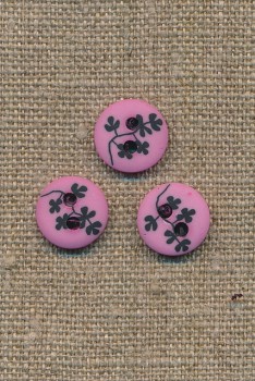 Pink/rosa 2-huls knap m/sorte grene, 13 mm.