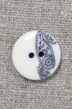 2-huls knap med sjals-/ Paisley mønster i off-white og blå 18 mm.