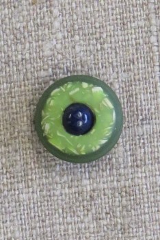 Rund knap i grøn og lime med mørkeblå midte, 18 mm.