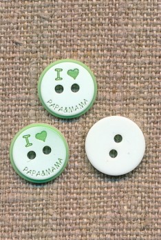 2-huls knap i hvid/lysegrøn, I love papa & mama, 12,5 mm.