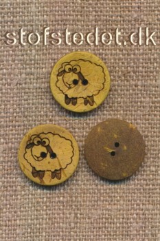 2-huls Kokos knap med får i gul, 15 mm.