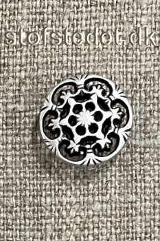 Metal-knap med blomst gl.sølv, 15 mm.