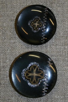 Sort knap m/guld & sølv mønster, 35 mm.