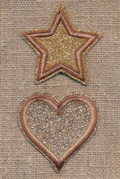 2 Motiver med hjerte og stjerne i glimmer i guld-brun