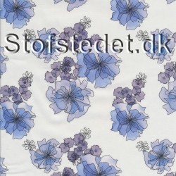 Rest Bomuldssatin stretch i hvid med blomster i blå. 70 cm.