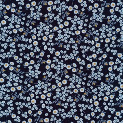 Bomulds poplin i mørkeblå med små blomster i hvid, lyseblå og karry