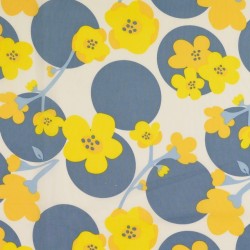 Bomulds poplin i hvid, gul og støvet blå med cirkler og blomster