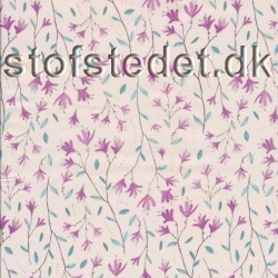 Bomuldsi digital print med blomster, i sart rosa, cerisse, vandgrøn