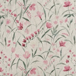 Hør-look bomuld/polyester med blomster i rosa og sart grøn