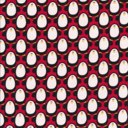 Afklip Bomuldsjersey GOTS i rød med pingviner, 50 cm.